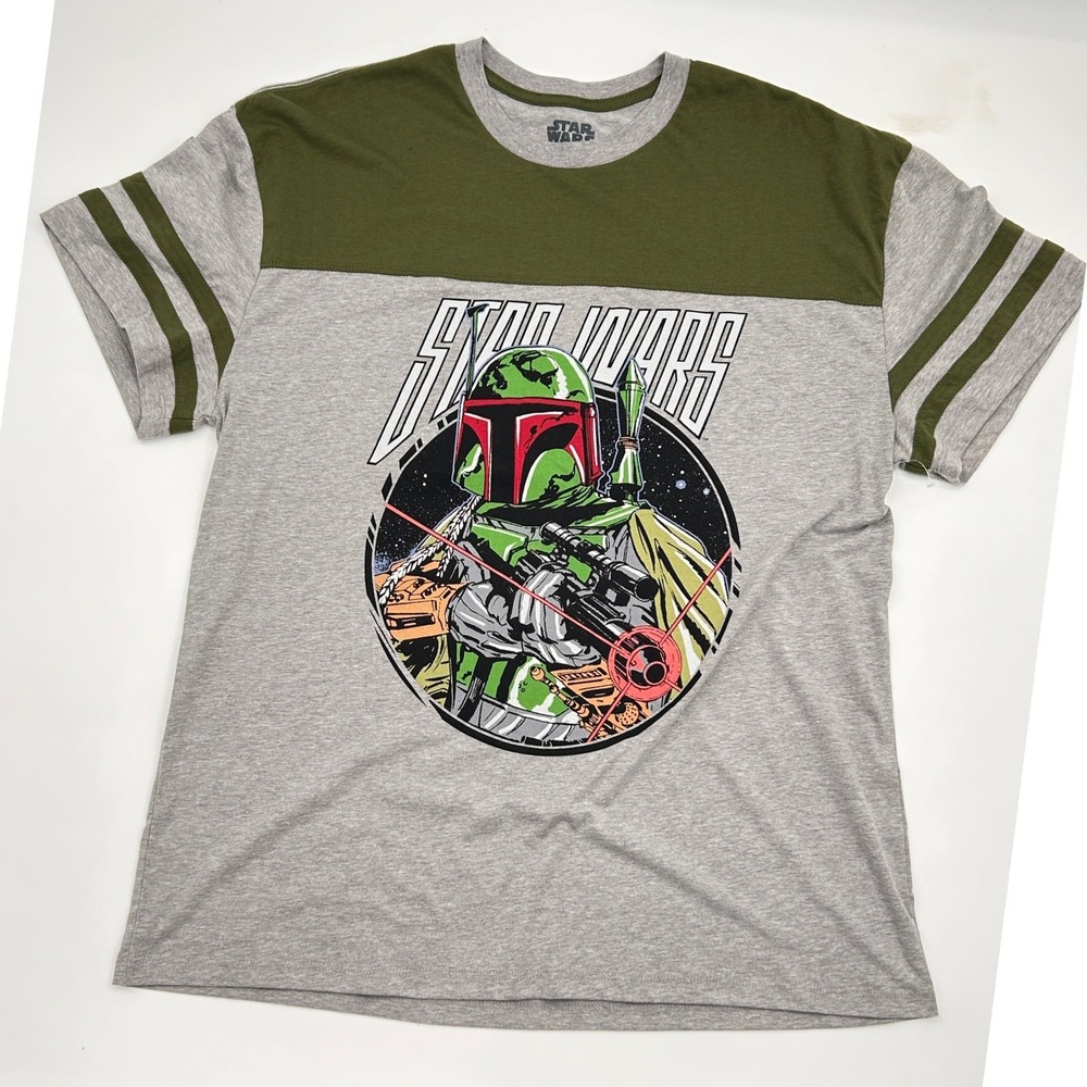Star Wars Boba Fett Graphic T-Shirt XL Gray Green Striped Varsity Fifth Sun